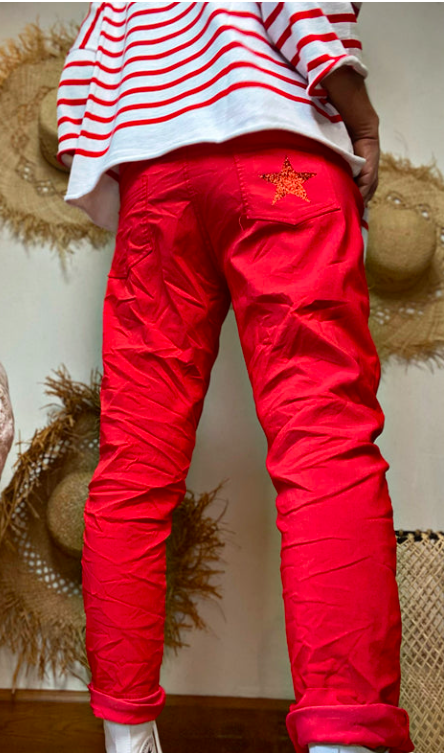 PANTALON EN TOILE AVEC ETOILE BRILLANTE SUR LA POCHE ARRIERE