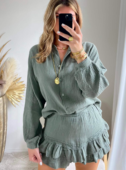 ENSEMBLE SHORT -JUPE ET CHEMISE GAZ DE COTON MODELE BELLAVIE ( 10 COULEURS ) – Image 2