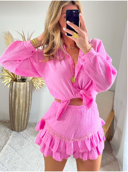 ENSEMBLE SHORT -JUPE ET CHEMISE GAZ DE COTON MODELE BELLAVIE ( 10 COULEURS ) – Image 7