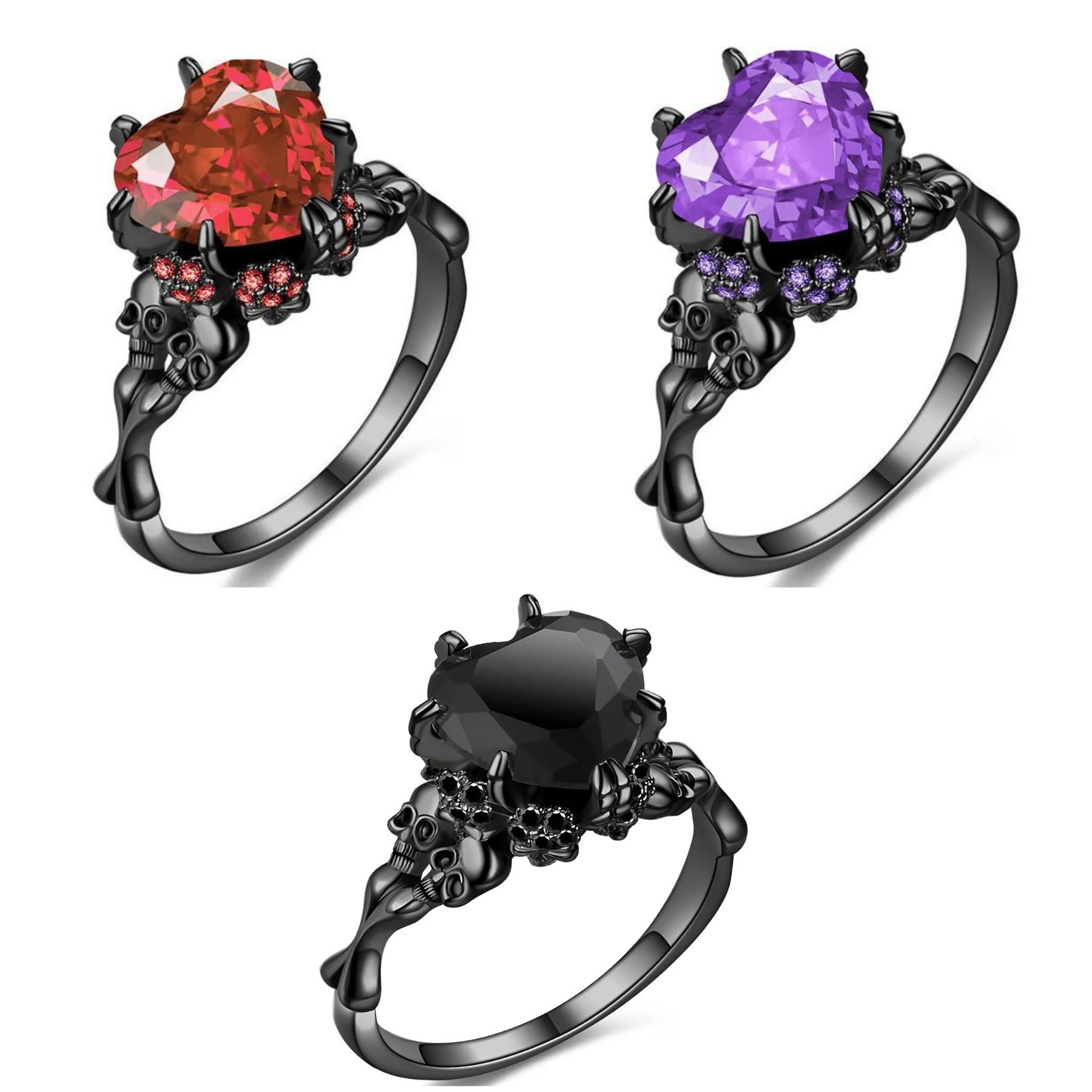 Bague gothique noire avec cœur en pierre colorée et crânes – Anneau romantique punk pour femme
