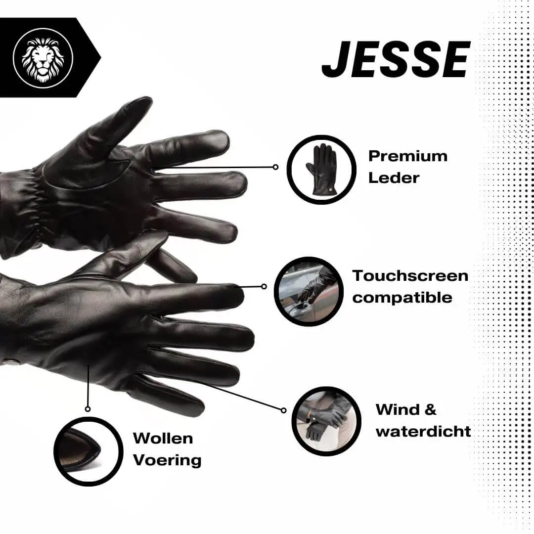 Jesse (Zwart) – Luxe Gevoerde Wollen Effen Schapenlederen Handschoenen voor Heren & Touchscreen functie – Image 8