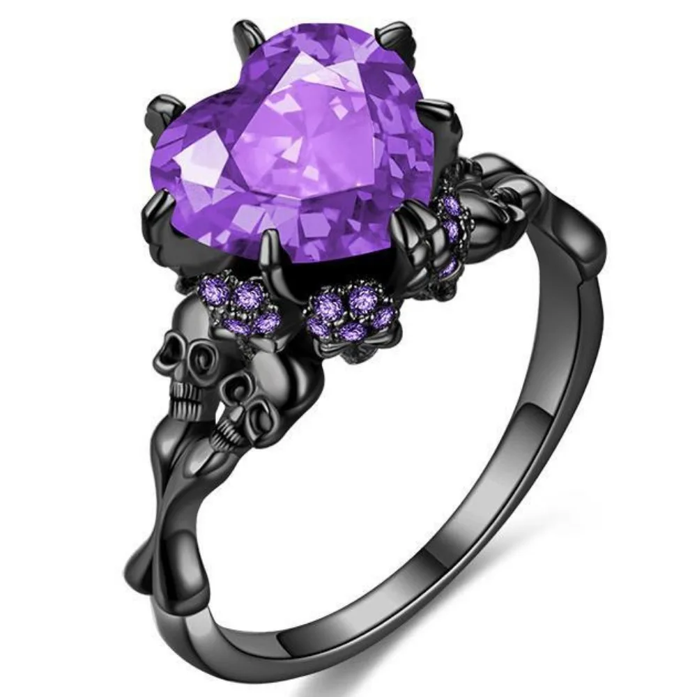 Bague gothique noire avec cœur en pierre colorée et crânes – Anneau romantique punk pour femme – Image 4