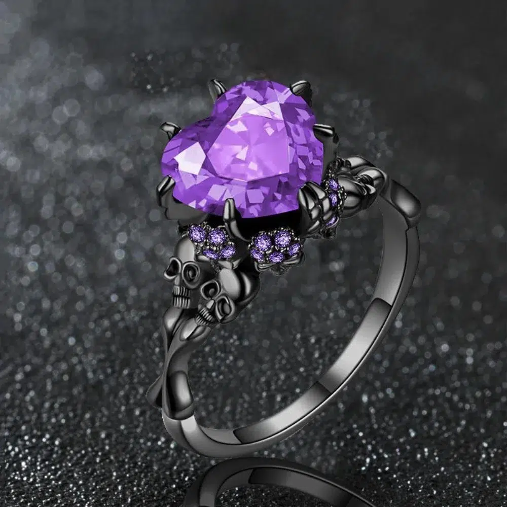 Bague gothique noire avec cœur en pierre colorée et crânes – Anneau romantique punk pour femme – Image 3