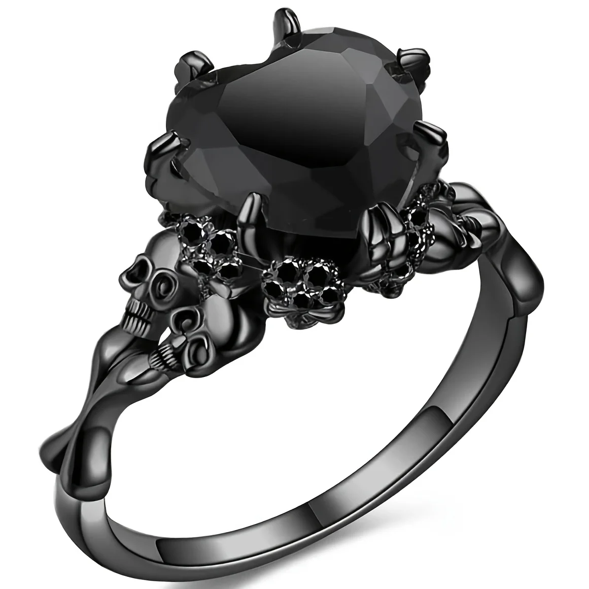 Bague gothique noire avec cœur en pierre colorée et crânes – Anneau romantique punk pour femme – Image 5
