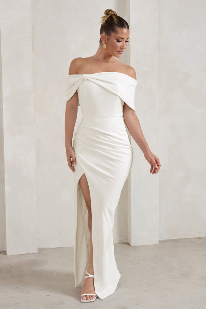 Eva | Robe longue blanche avec nœud Bardot et fente sur la cuisse – Image 4