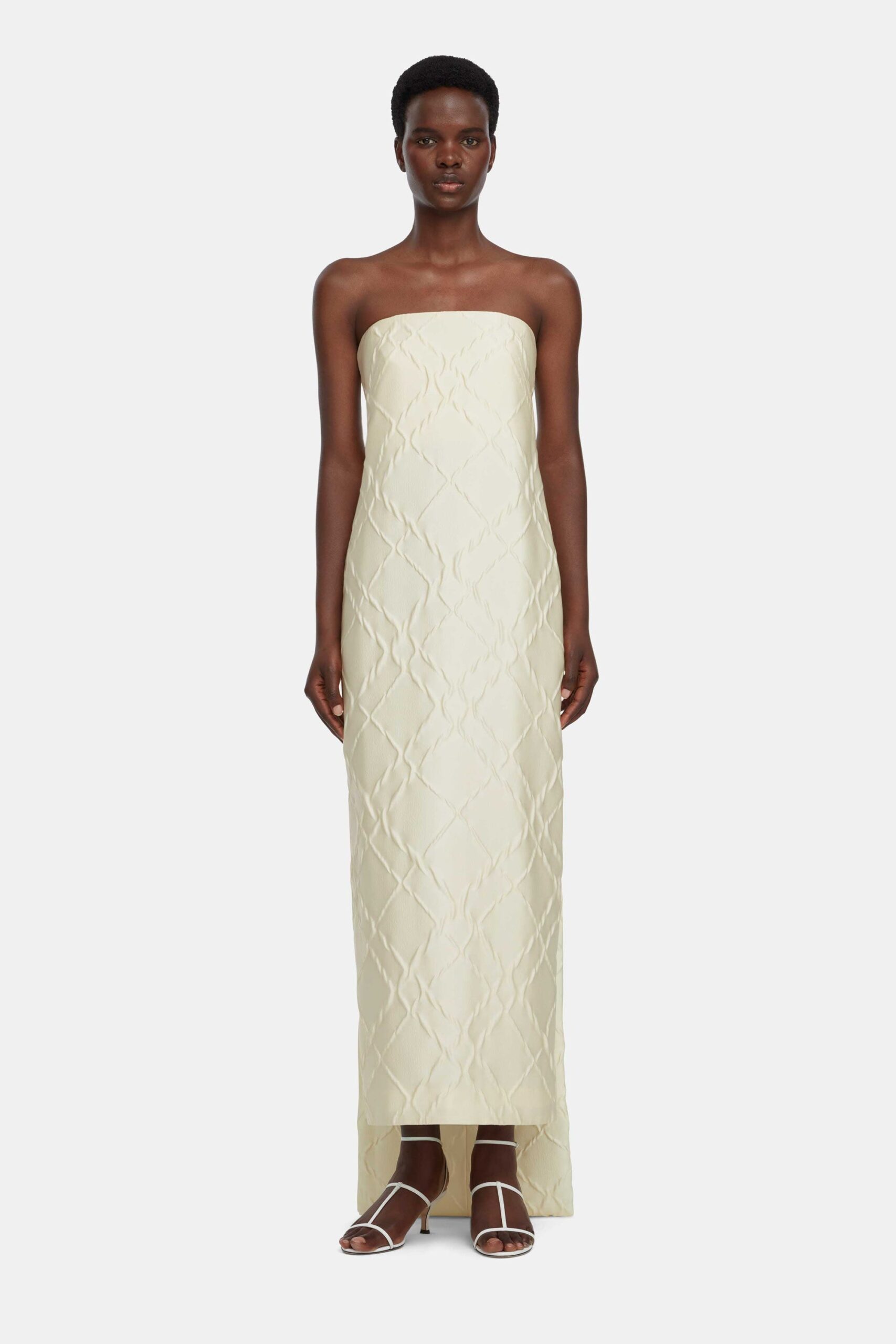 Hattie Strapless Dress In Ivory Geometric Jacquard – Image 2