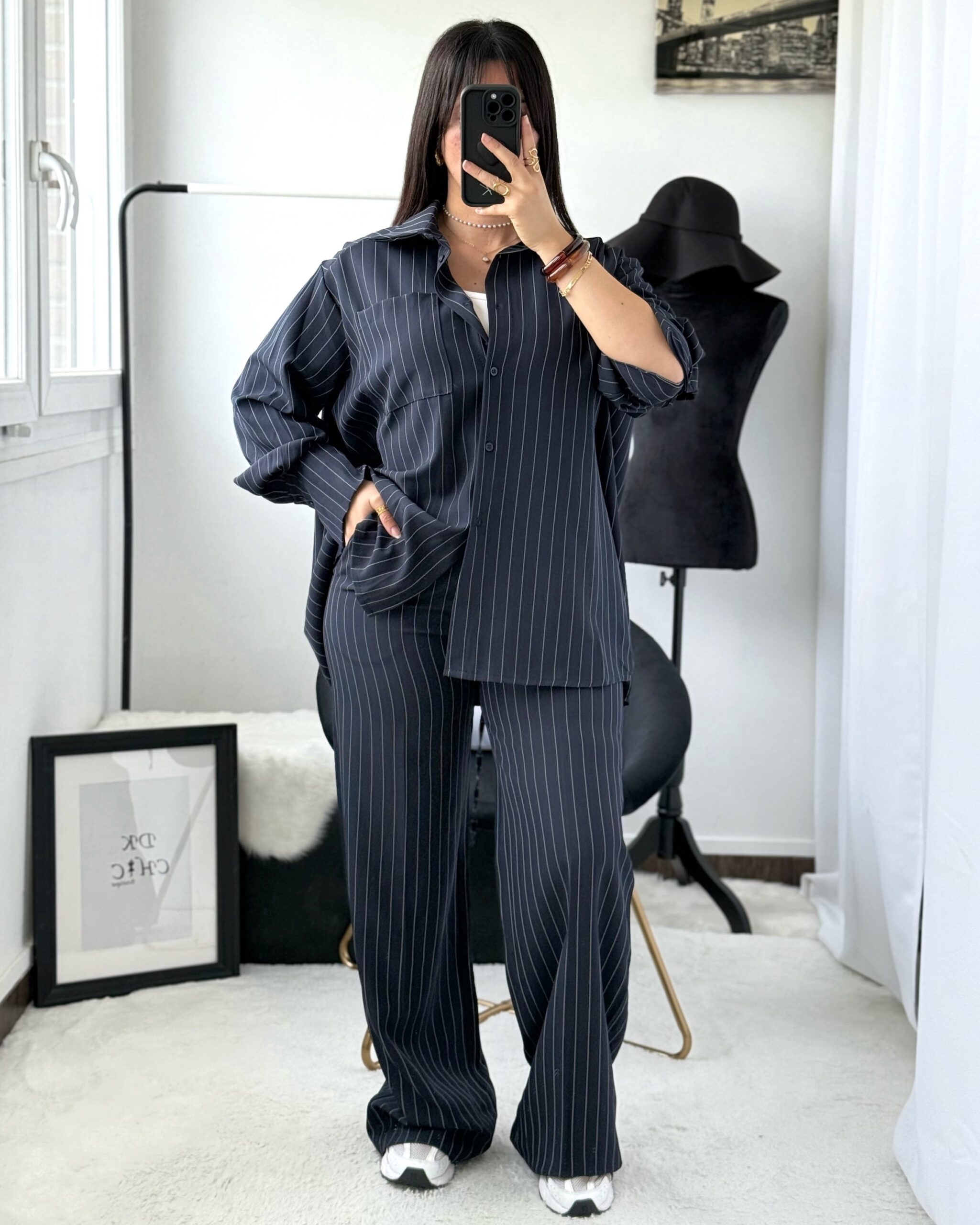 Ensemble Chemise à Nouer et Pantalon Sofia Marine Rayures Blanches