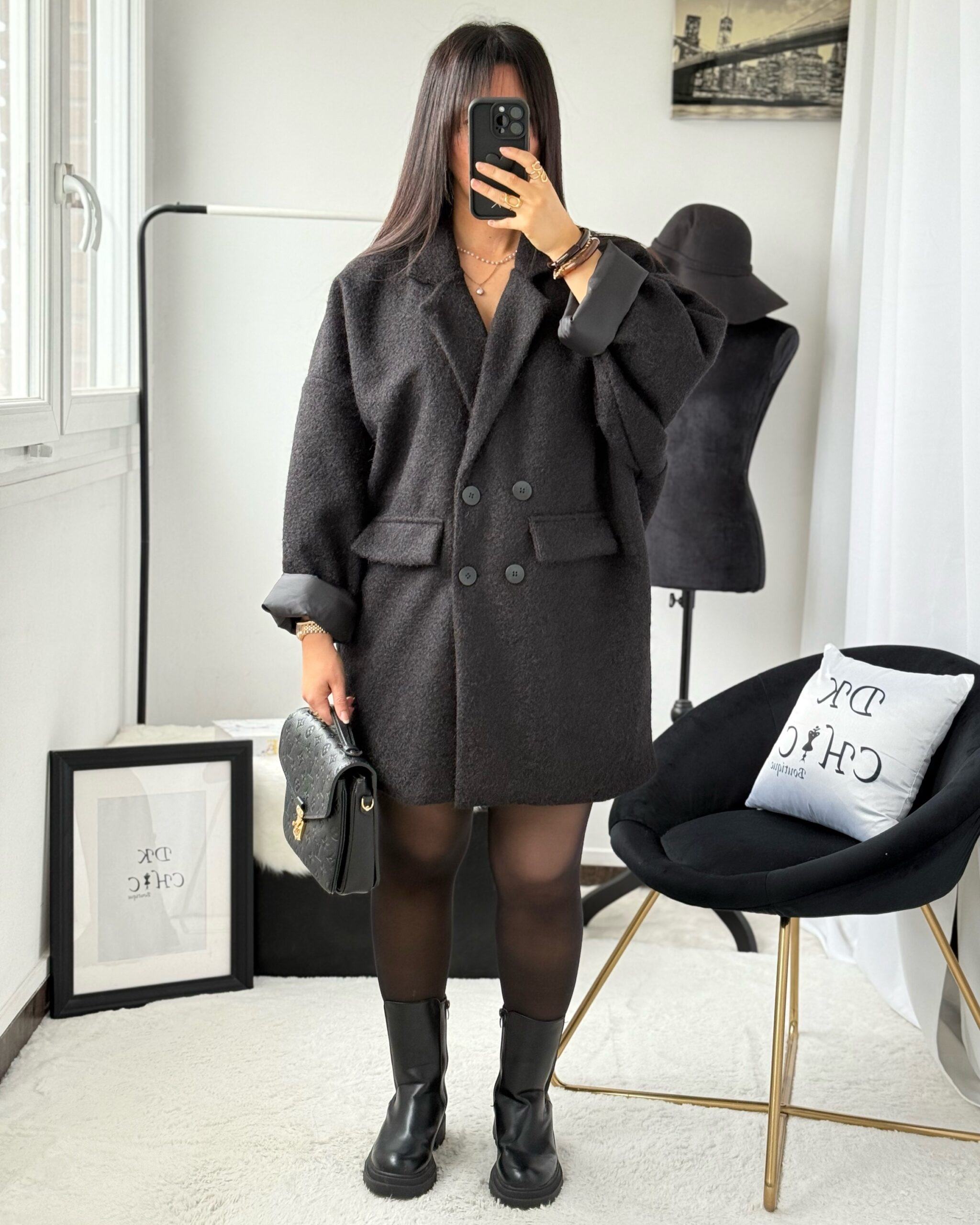 Blazer Moumoute Manches Papillon Oversize Mi-Long Noir – Image 5