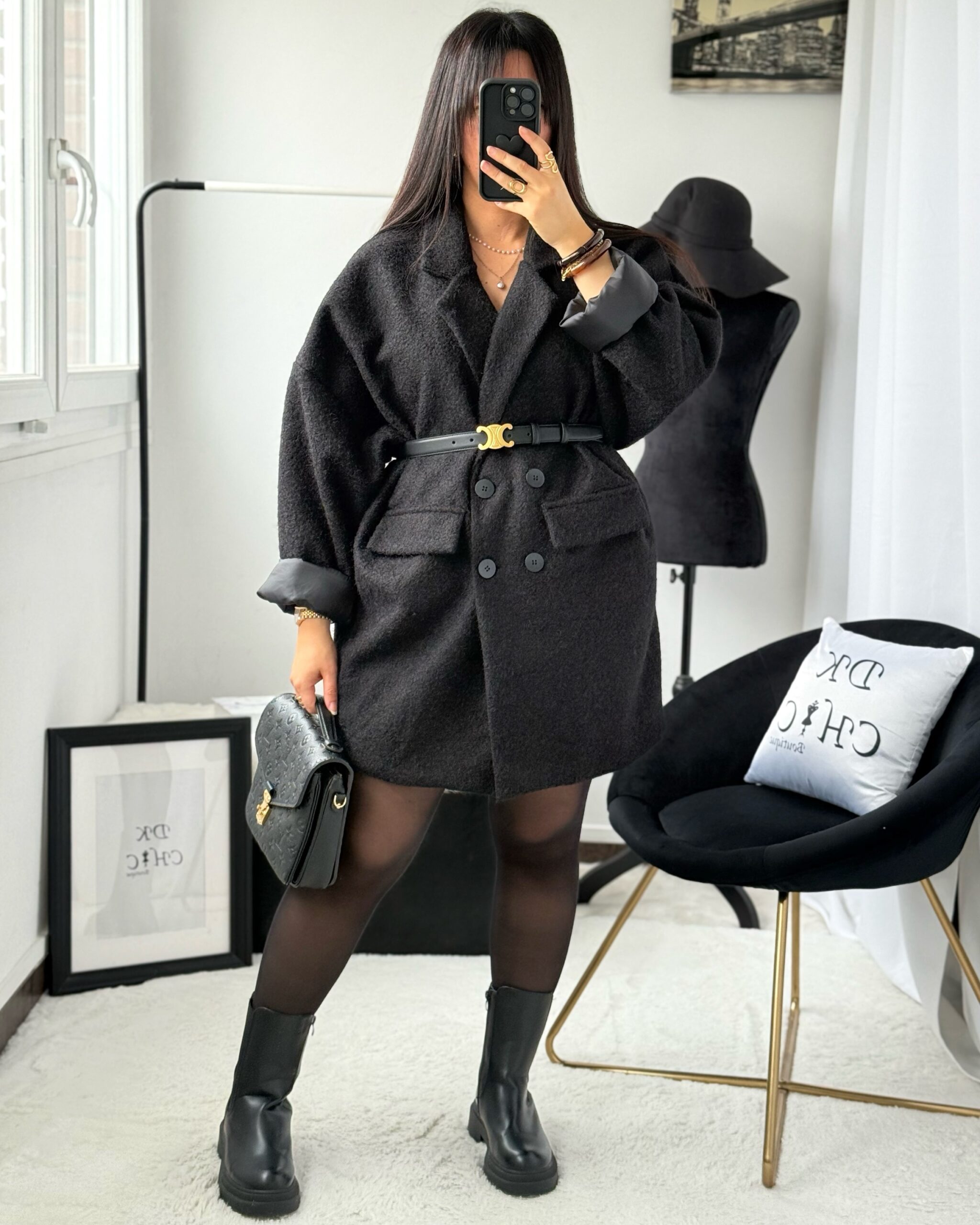 Blazer Moumoute Manches Papillon Oversize Mi-Long Noir – Image 2