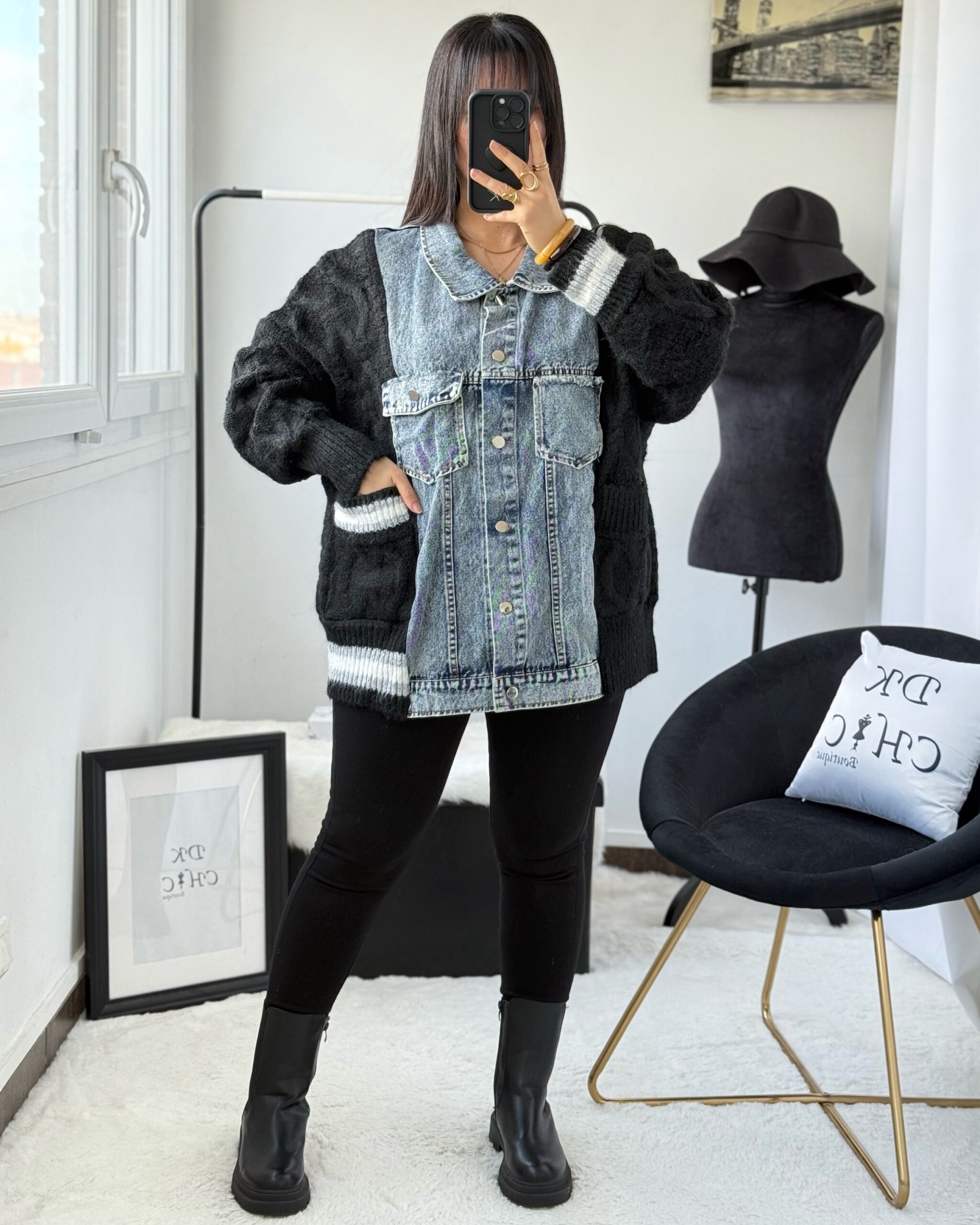 Cardigant Veste Bi-Matière Jeans Coton à Poches Noir – Image 2