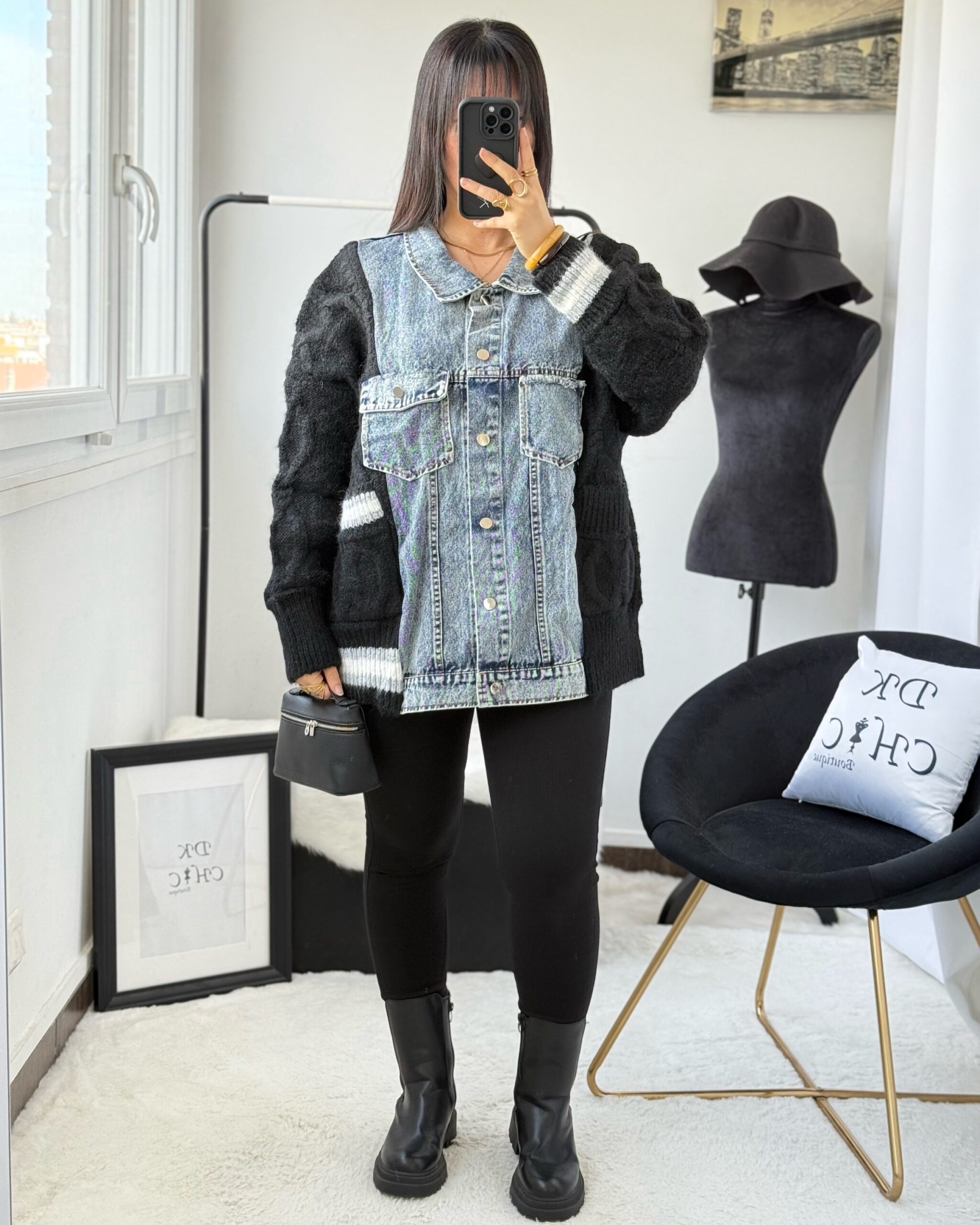 Cardigant Veste Bi-Matière Jeans Coton à Poches Noir – Image 3