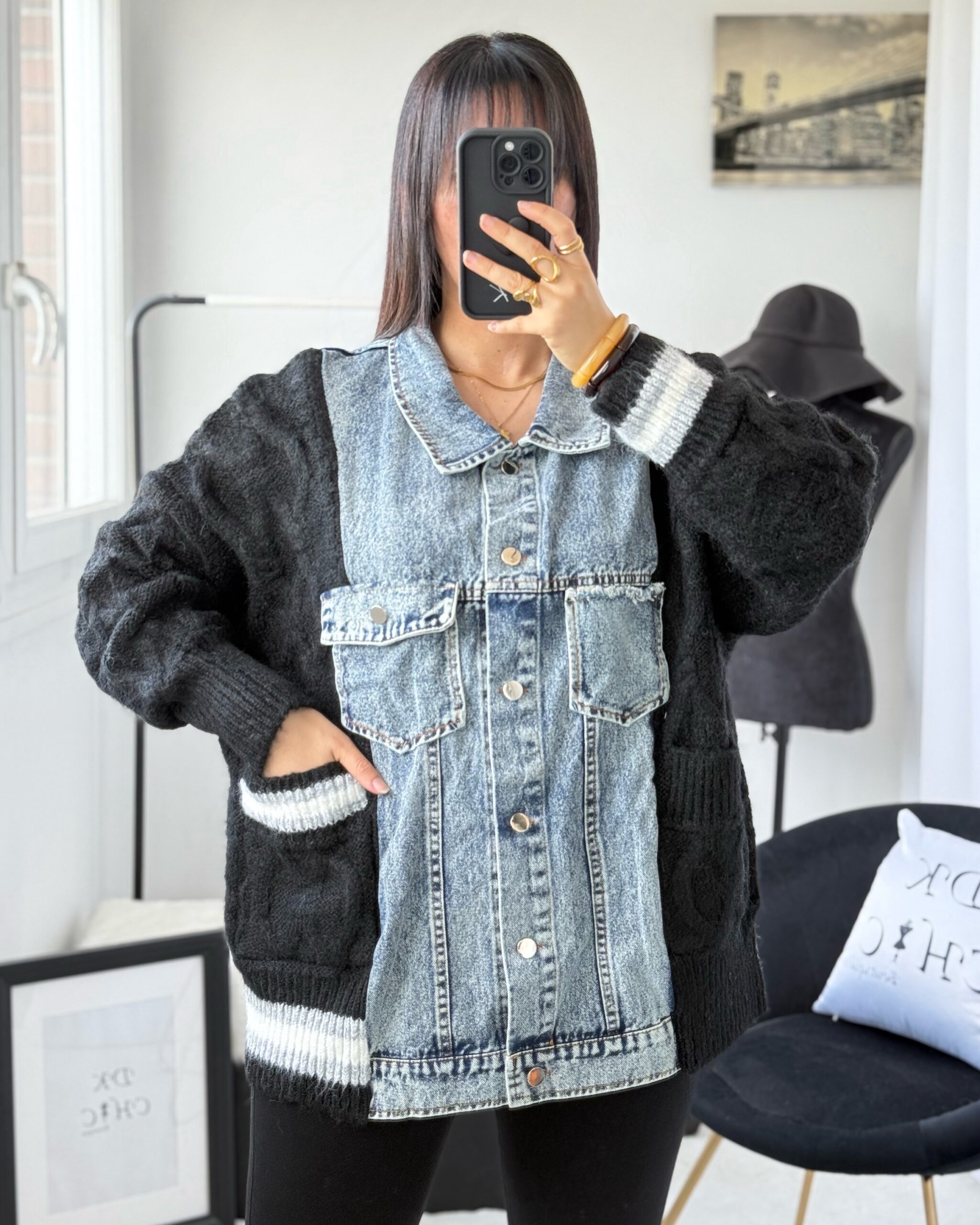 Cardigant Veste Bi-Matière Jeans Coton à Poches Noir