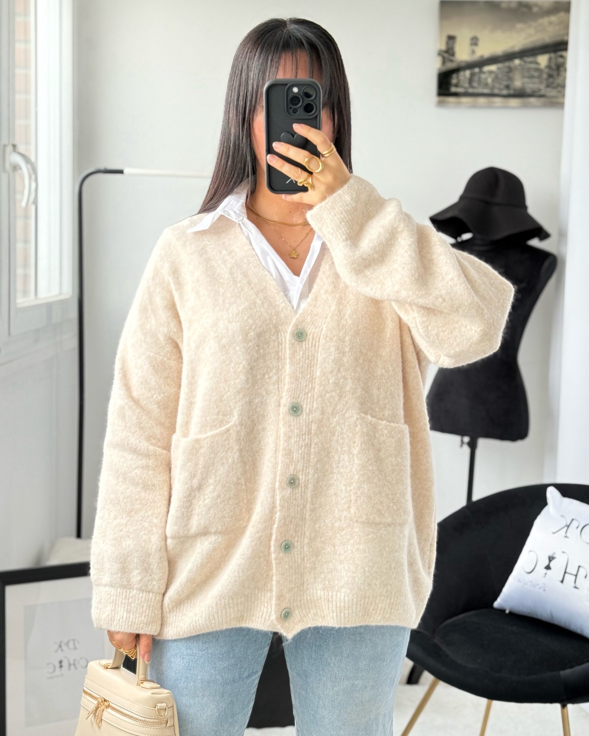 Cardigan Gilet Laine à Poches Mi-Long Écru
