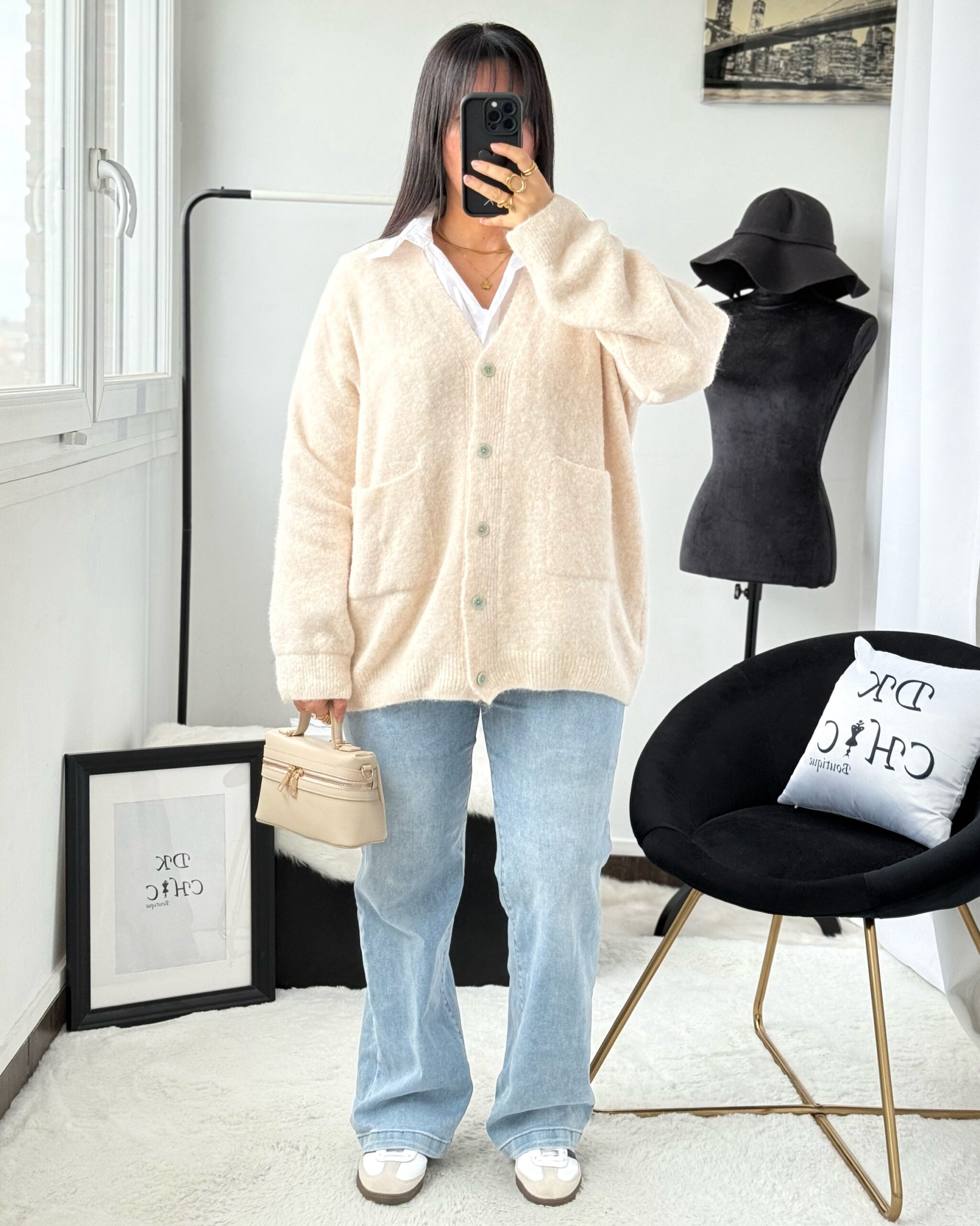 Cardigan Gilet Laine à Poches Mi-Long Écru – Image 5